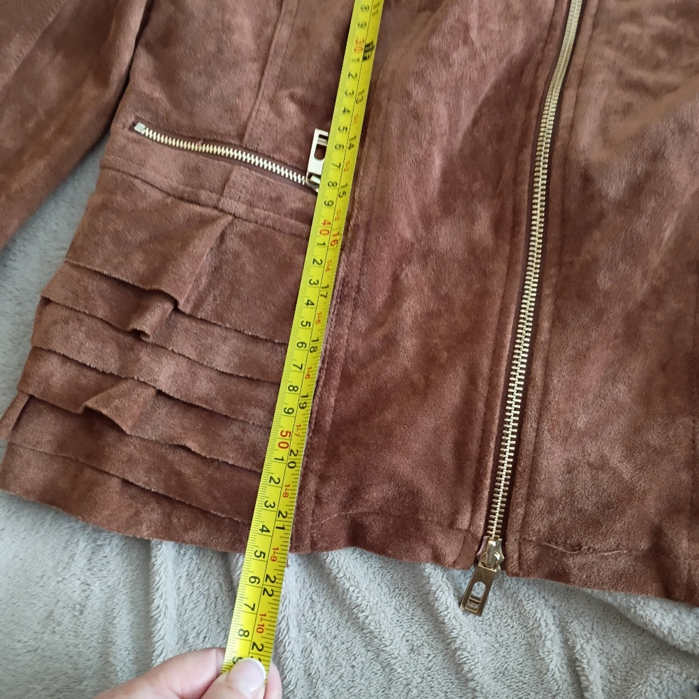 Ivanka Trump Light Brown Faux Suede Ruffle Jacket Wyth Gold Zippers. - Picture 8 of 8
